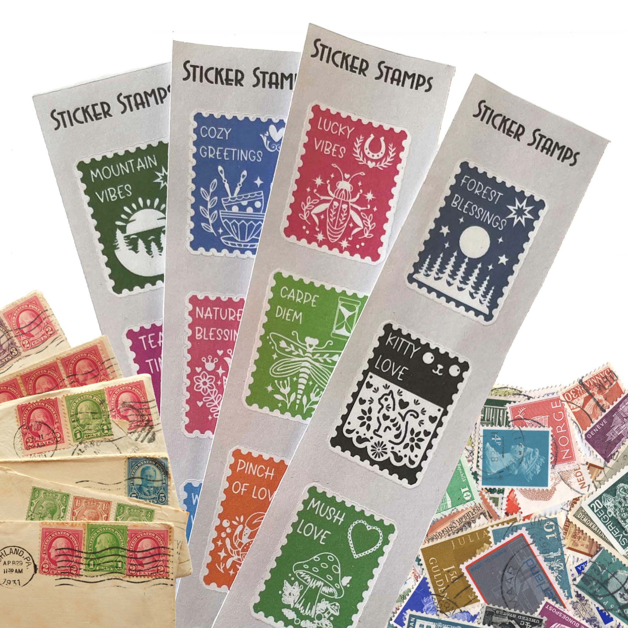 Cozy postage stamp shaped stickers to decorate mailing envelopes and cards, junk jourrnals, water bottles, scrapbooks, laptops and more